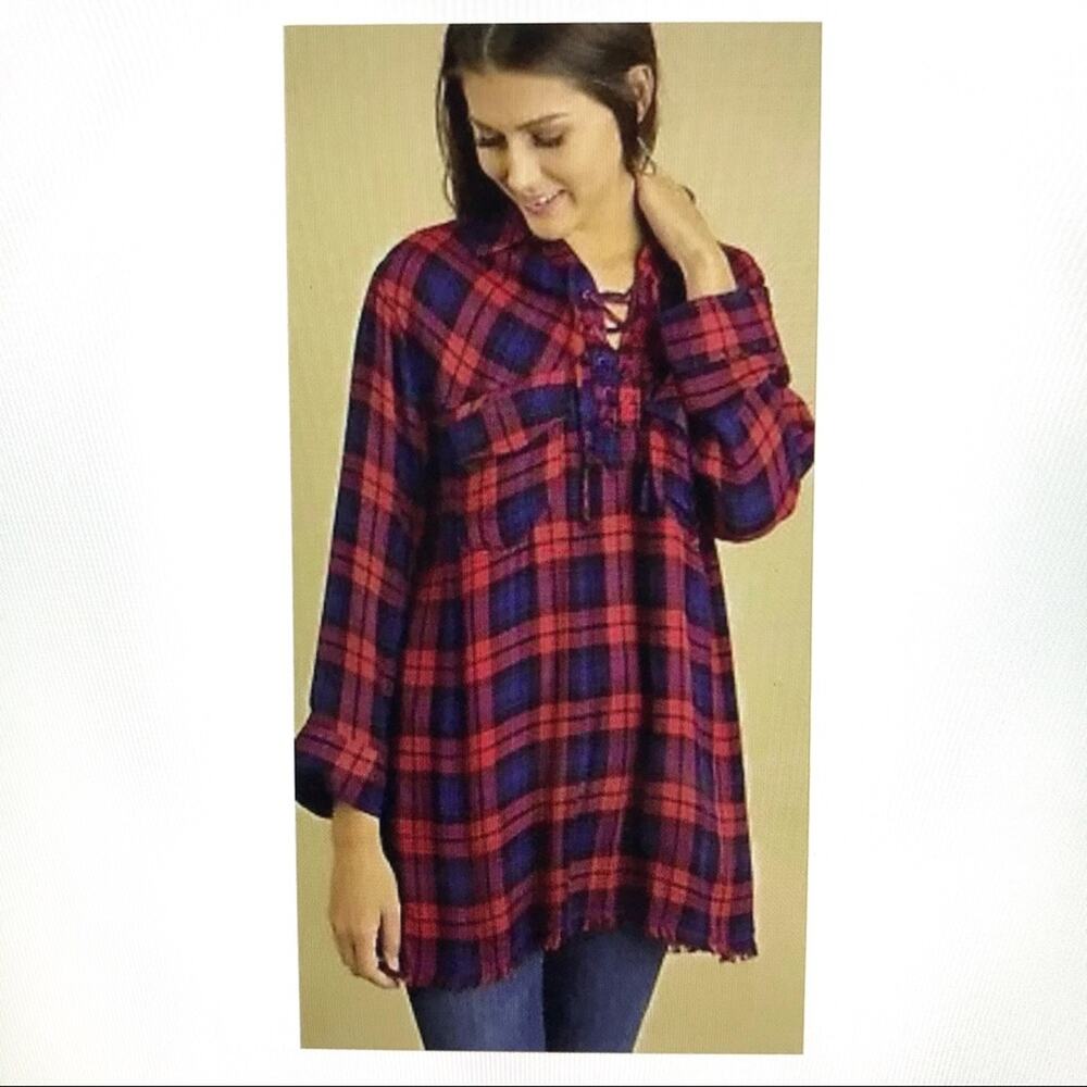 Umgee Plaid Check Lace Up Frayed Hem Long Sleeve